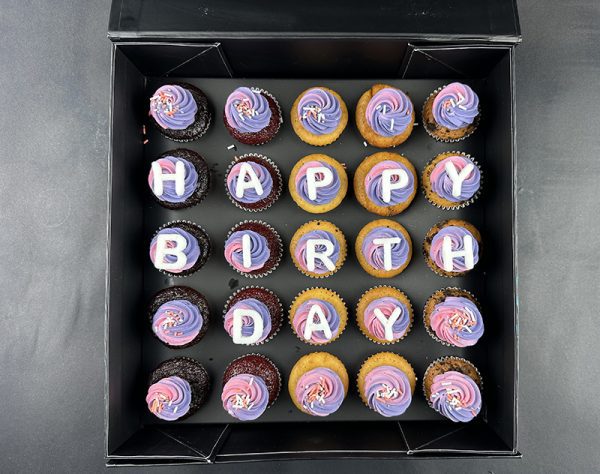 Pink Happy Birthday Box 25 of Assorted Mini Cupcakes